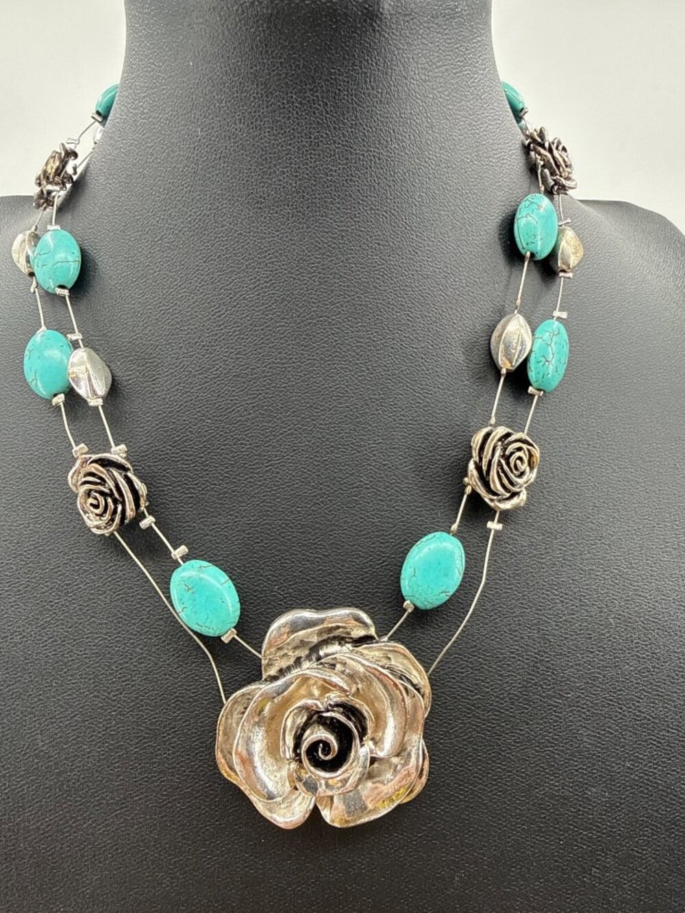 Silver Tone 3D Rose Faux Turquoise Multi Strand Boho Statement Necklace Western